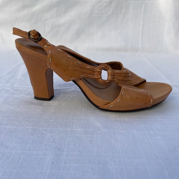 Umberto Raffini Open Toe Slip On Strappy Stitching Details High 4" Heel Tan Sz10 - Picture 5 of 7